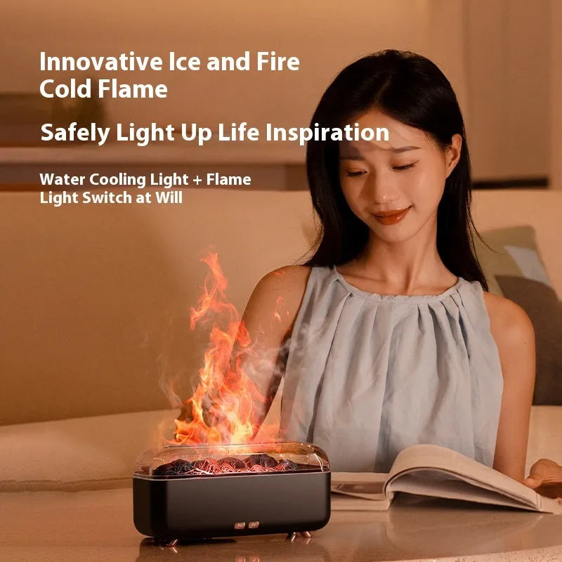 Black household desktop seven-colour flame aroma diffuser with 300ml capacity and Type-C plug-in
