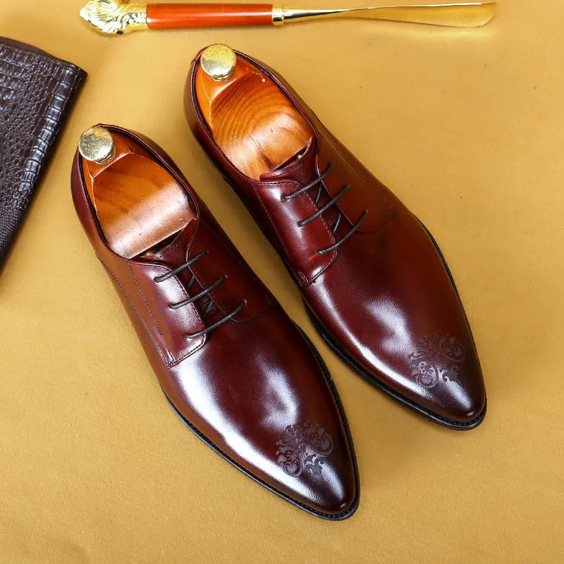 Men's cowhide leather pointed carved formal shoes in black, brown, or wine red with rubber sole