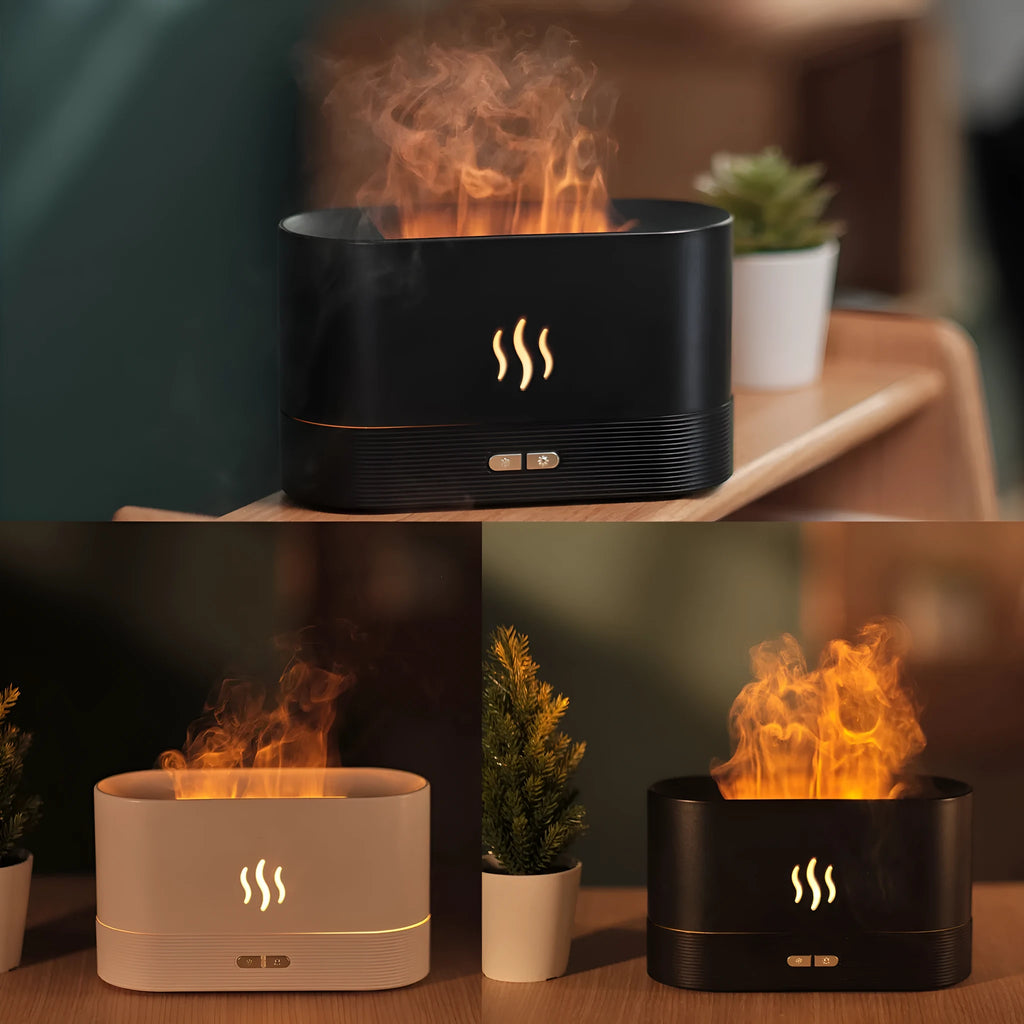 Ultrasonic aroma diffuser with flame light effect, 180ml capacity, USB powered, black color, on a desk