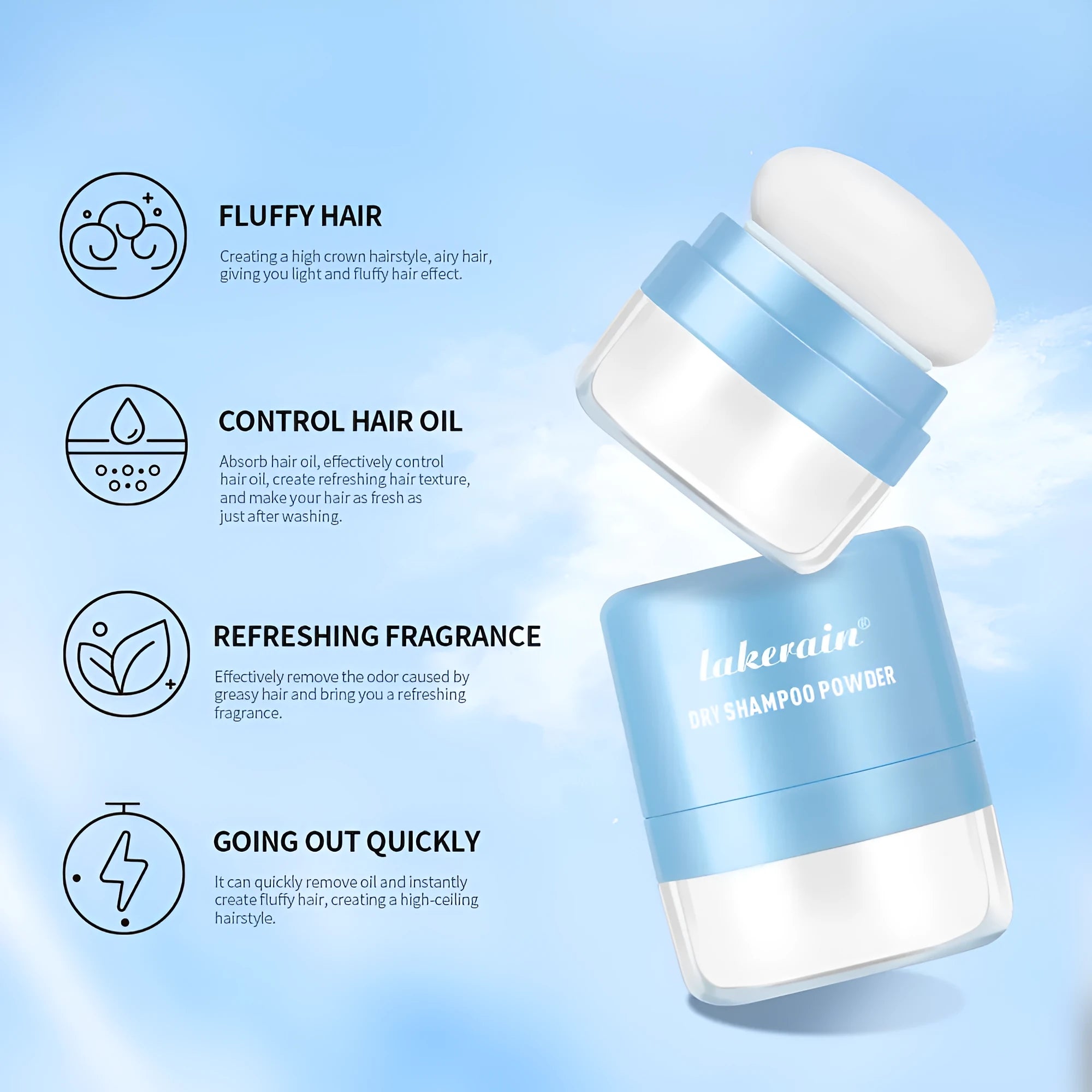 Disposable hair dry cleaning booster powder 5g with sponge, headband, and mirror in blue, green, red colours.