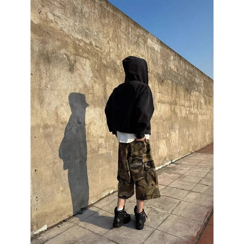 Men's camouflage cropped jeans with retro patch ripped detailing and straight-leg fit