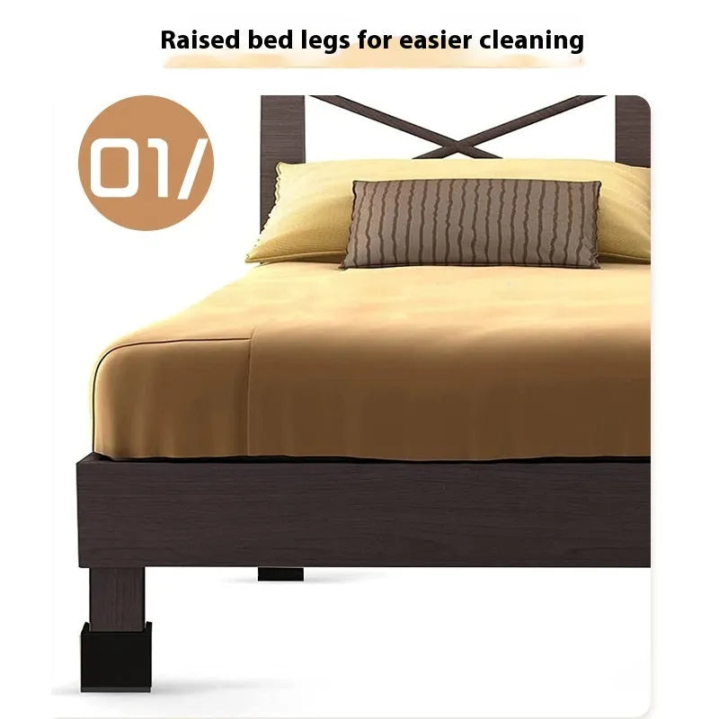 Four black plastic furniture foot mats for raising bed or sofa legs on hard floors.
