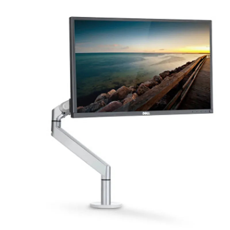 Silver aluminium laptop stand with adjustable air pressure arm on wooden desk
