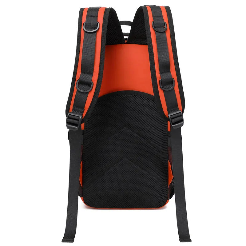 Large orange and black outdoor backpack with 20-35 litre capacity for hiking and camping