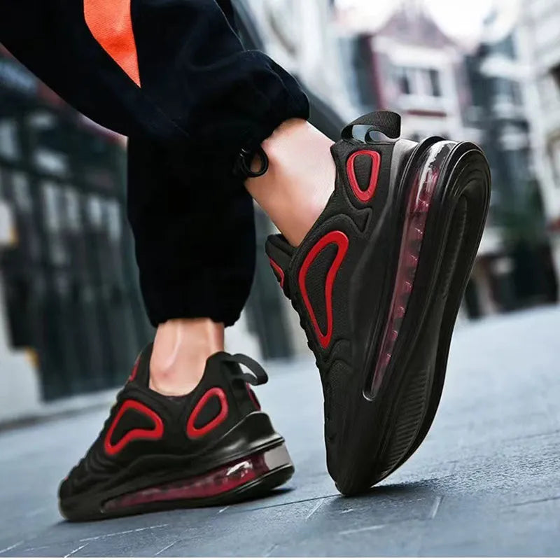 Men's black casual air cushion sneakers with a thick sole and round toe design.
