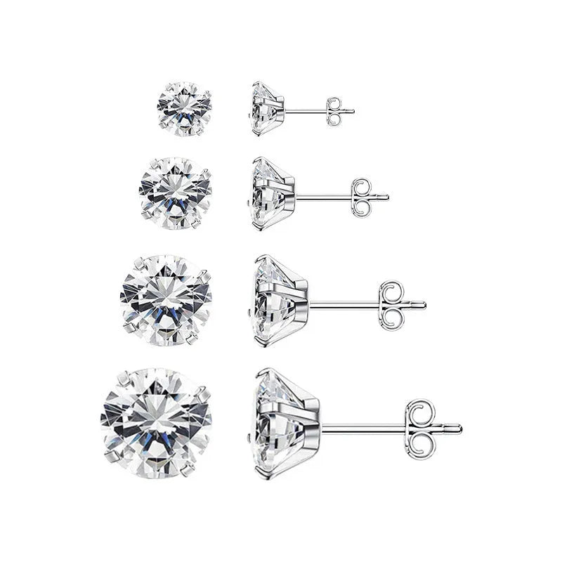 Square geometric titanium steel stud earrings with round zircon accents in gold or steel colour finishes