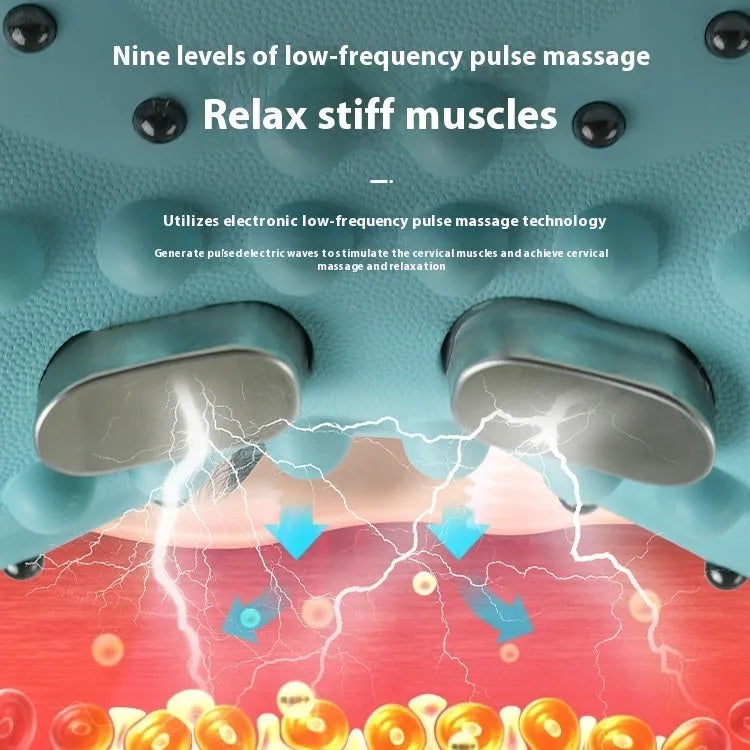 Blue-green portable neck massage pillow with hot compress and EMS therapy functions
