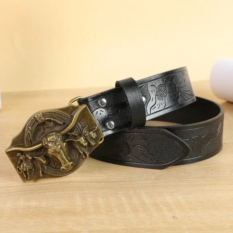 Men's brown imitation leather belt with a detailed metal cow head buckle and pin clasp.