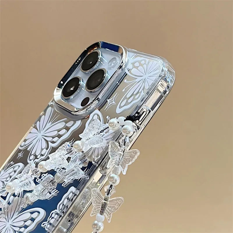 Three-in-one transparent TPU phone case with mirror, bow, and bracelet for iPhone 15 Pro Max