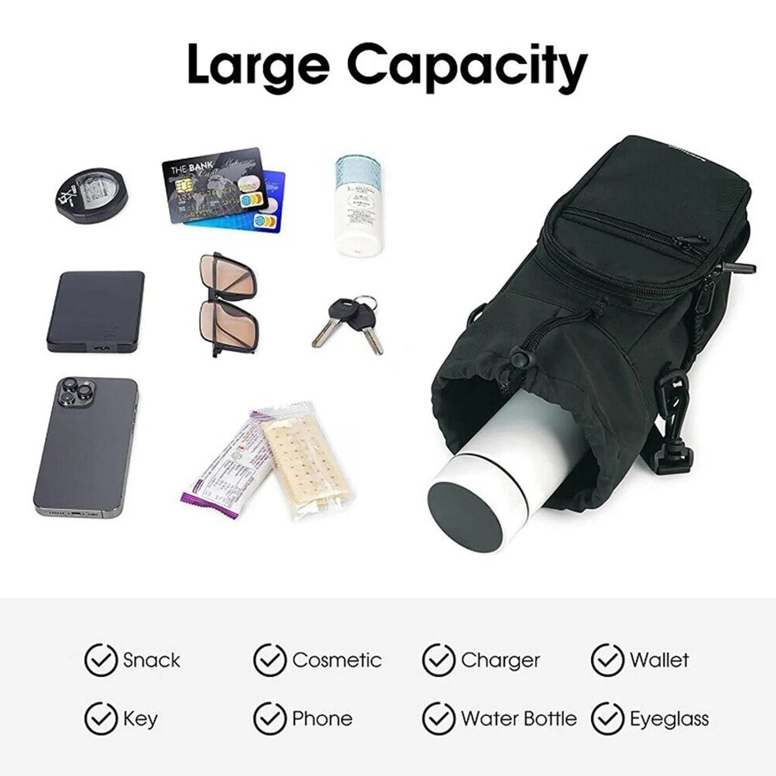 Cloth water bottle shoulder pouch in black, green, or pink with adjustable strap.