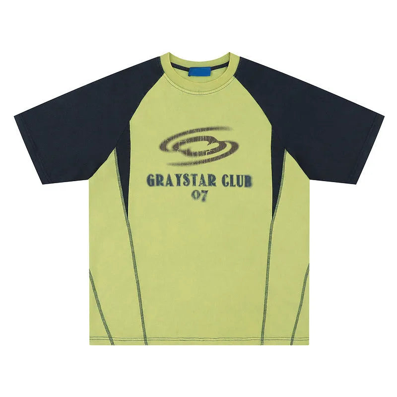 Men's blue hip hop letter print T-shirt with raglan sleeves and loose fit design