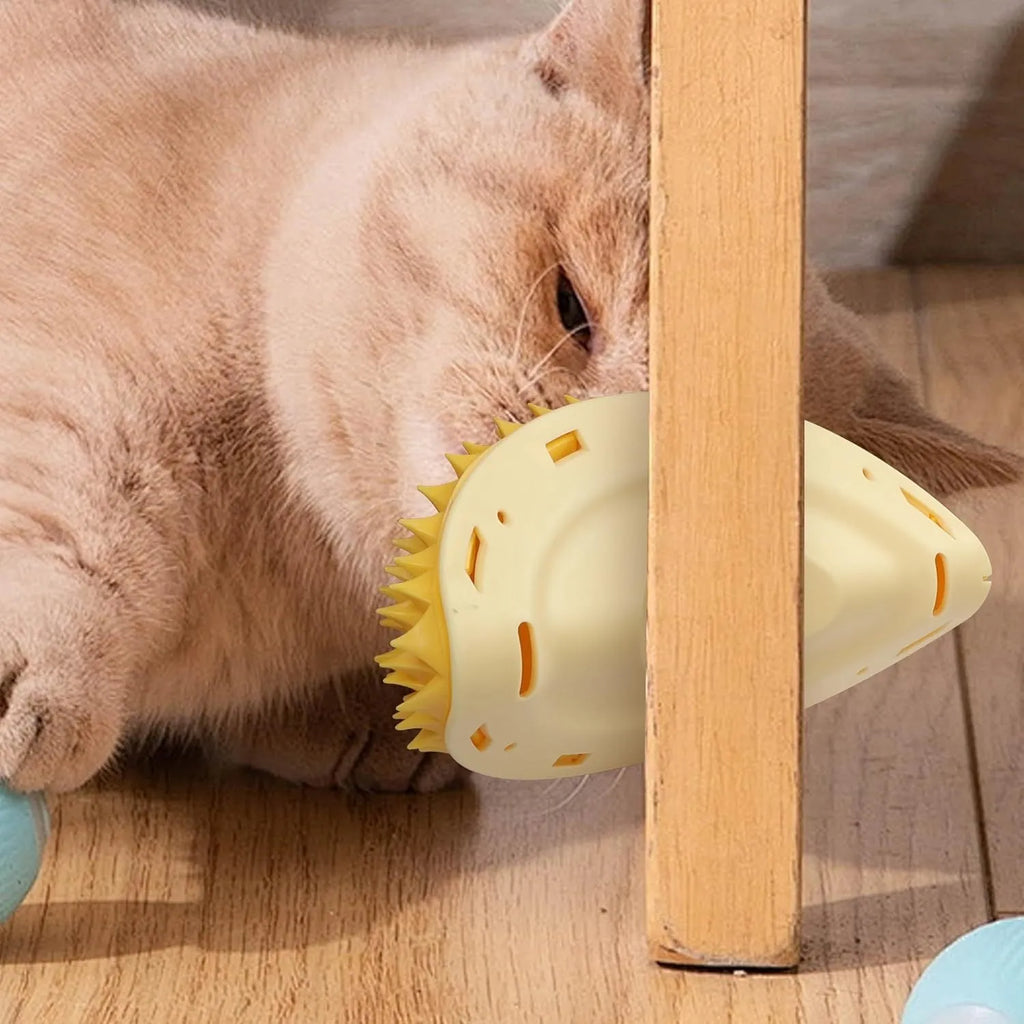 Yellow durian-shaped cat corner scratcher mounted on a wall with cat mint powder