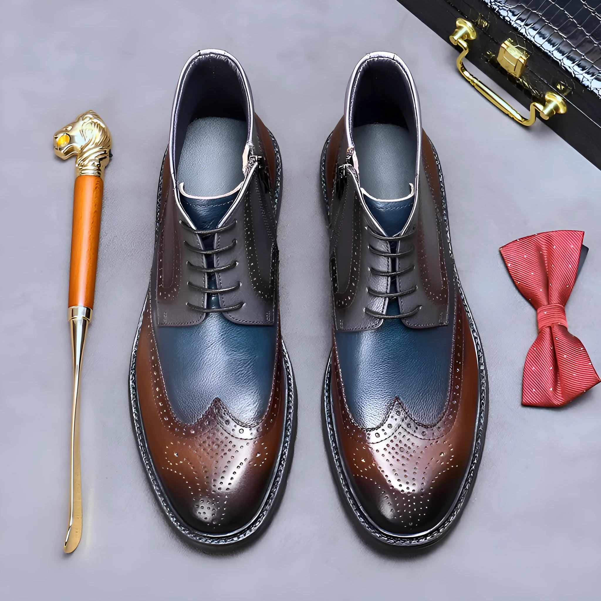Men's brown and blue vintage colour block brogue carved leather Martin boots with round toe