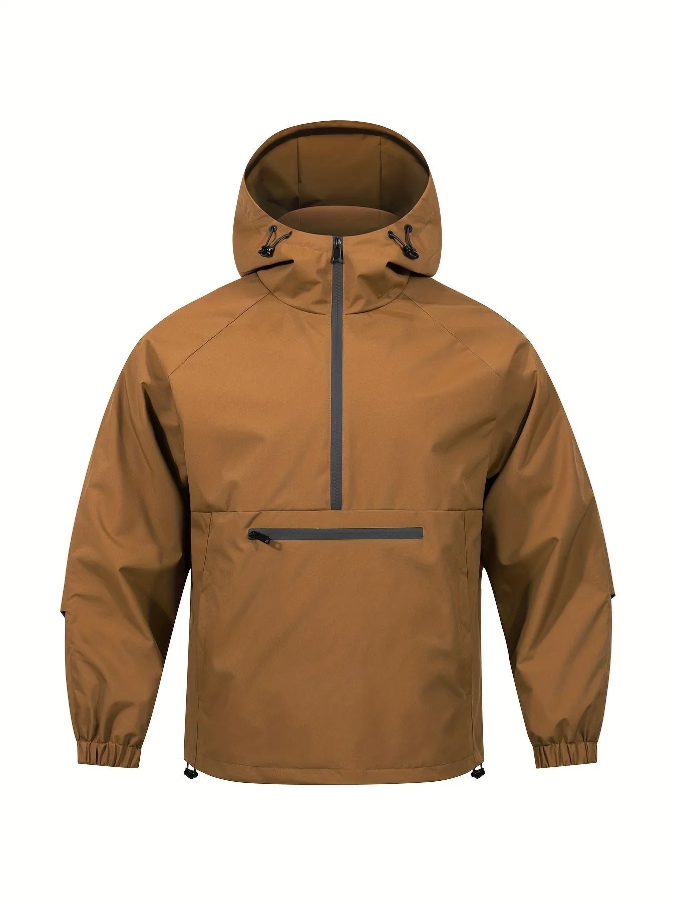Man wearing a light grey loose half-zip hooded corduroy jacket with rabbit fur, Korean style.