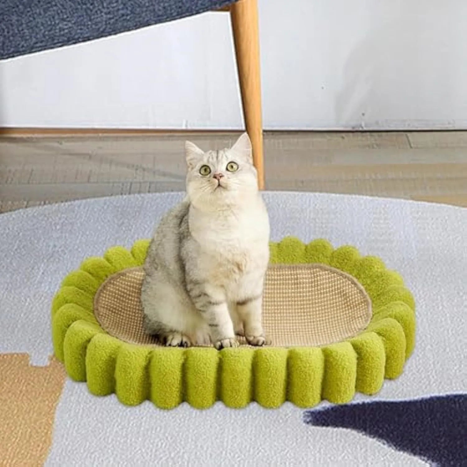 Green oval cat scratcher bed with sisal scratching surface measuring 65x42cm