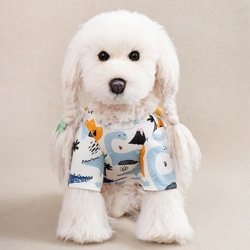 Colourful printed polyester t-shirt for a small dog showing casual spring and autumn pet clothing.