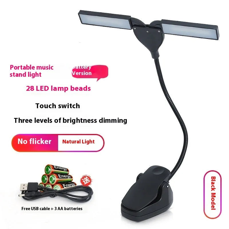Rechargeable music stand light with 28 LED bulbs in black, pink or white plastic housing