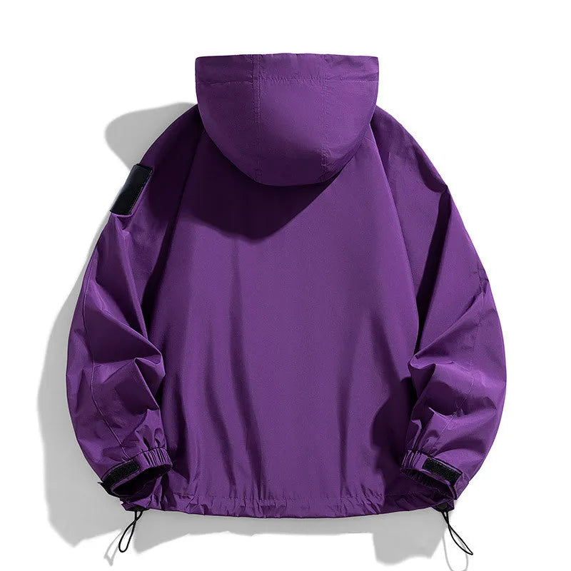 Men's windproof waterproof hooded jacket in black, ginger yellow, or purple colours