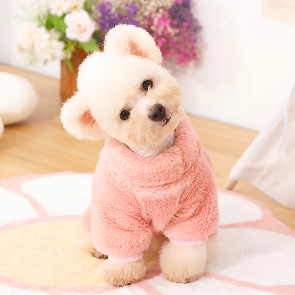 Double-sided thick plush dog coat with high collar in blue colour showing four-legged design and towing ring