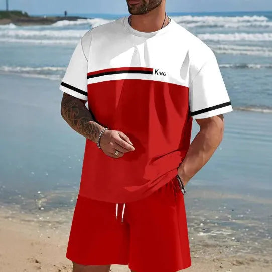 Men's loose-fit polyester short-sleeved T-shirt and matching shorts leisure set in summer colours
