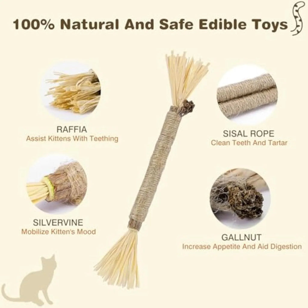 3 natural silvervine chew sticks for cats with sisal rope, thick and fine diameter options