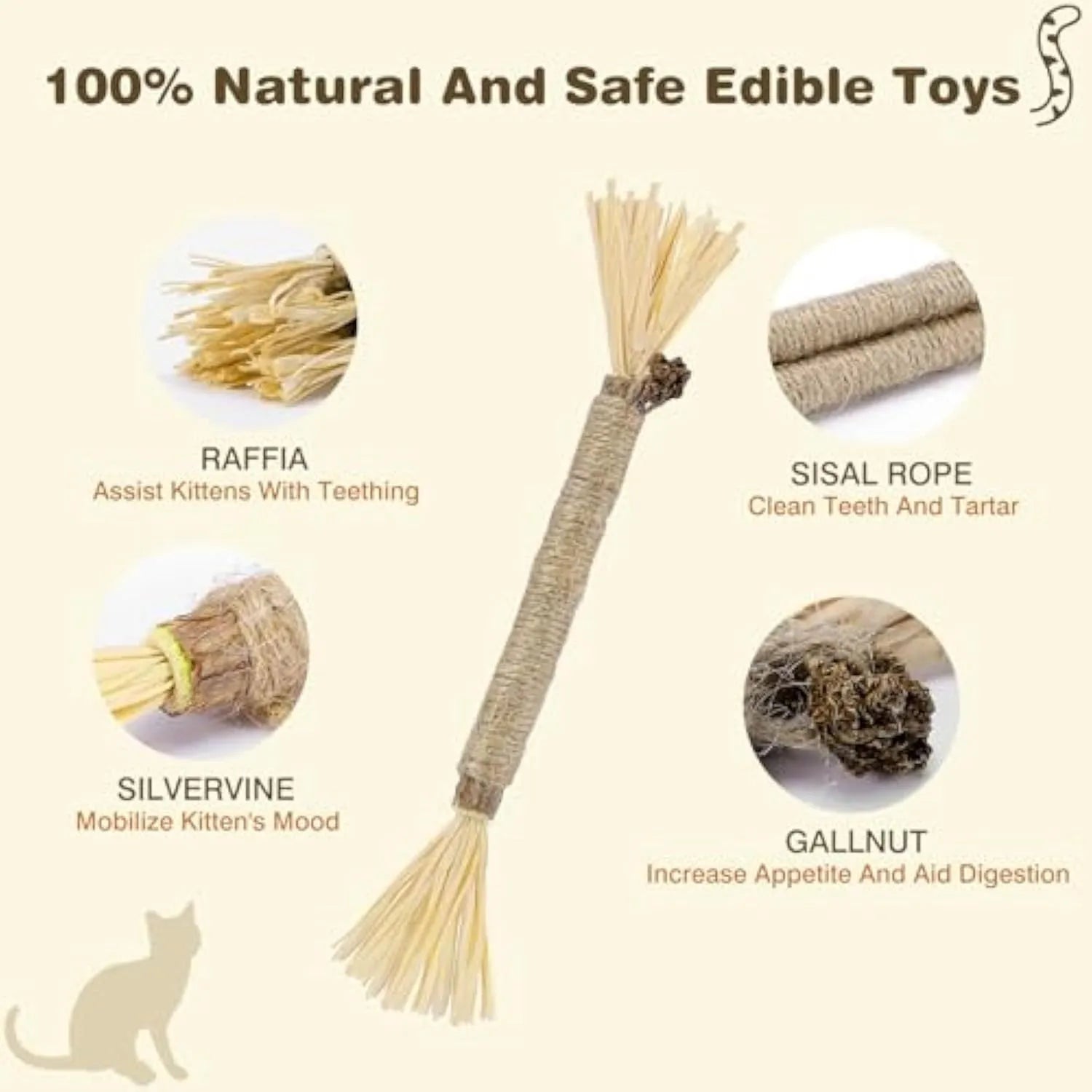 3 natural silvervine chew sticks for cats with sisal rope, thick and fine diameter options