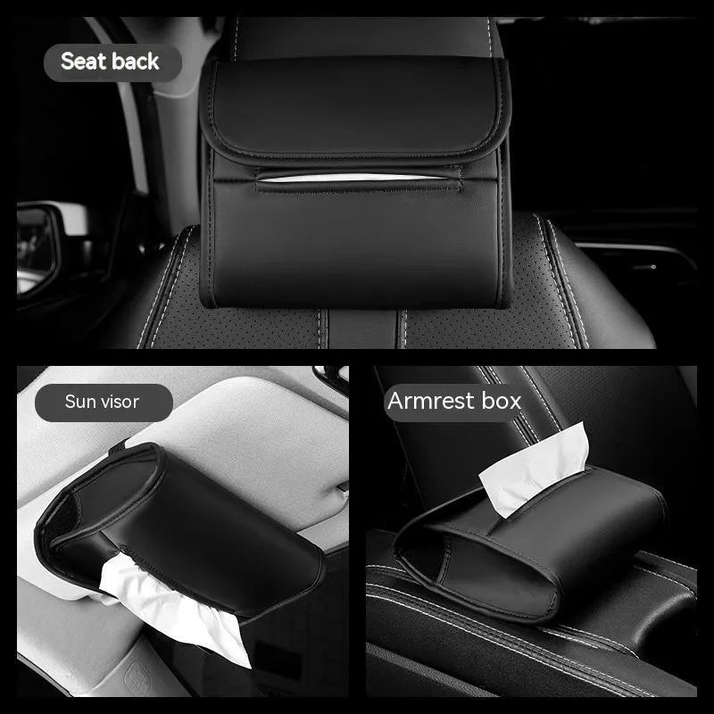 Leather car tissue holder box in beige colour with elastic band strap