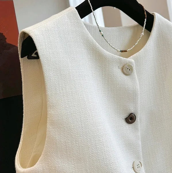 French style round neck sleeveless bandage vest in polyester fabric