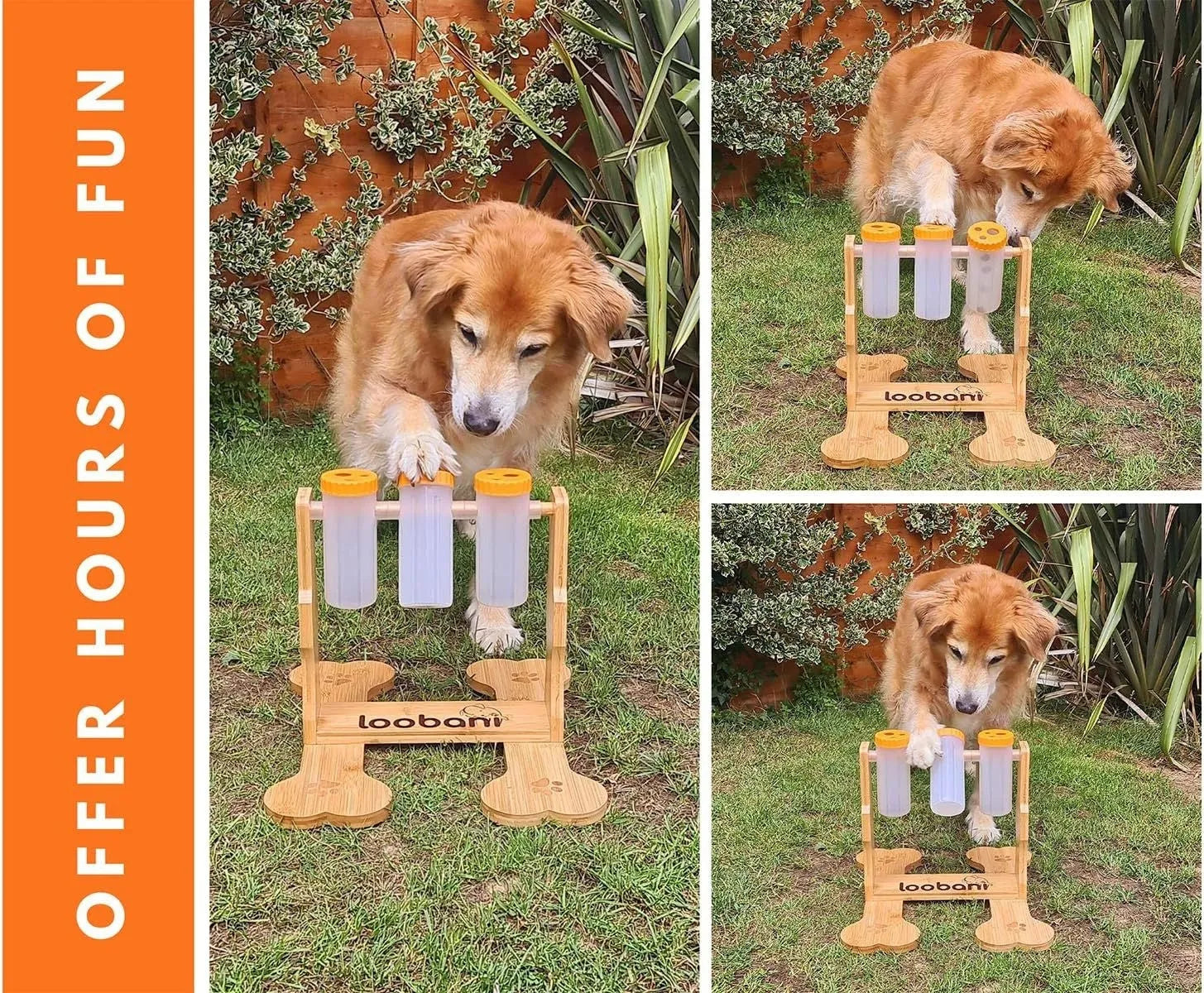 Wooden dog puzzle toy snack dispenser feeder measuring 31x30x20cm in natural wood colour
