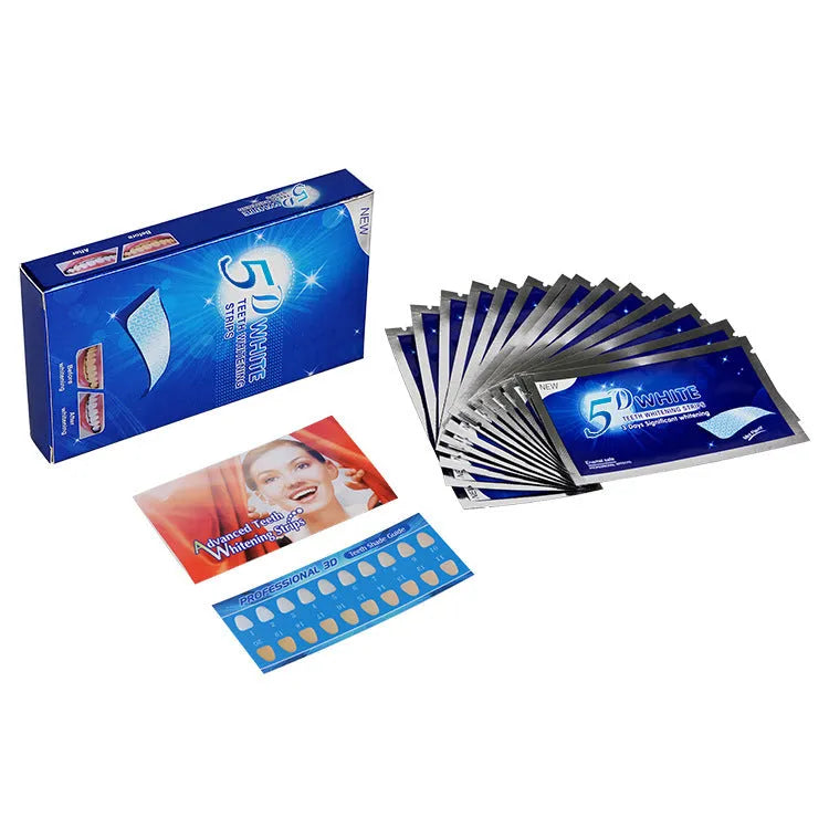 5D Gel Teeth Whitening Strips with mint flavour in photo colour packaging for false teeth and veneers