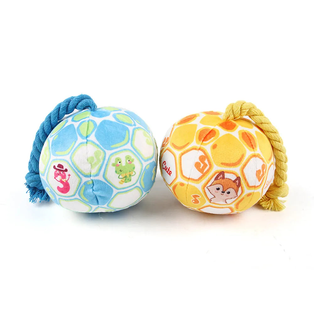 Blue and yellow elastic football dog toy with cartoon design for tug of war and teeth grinding
