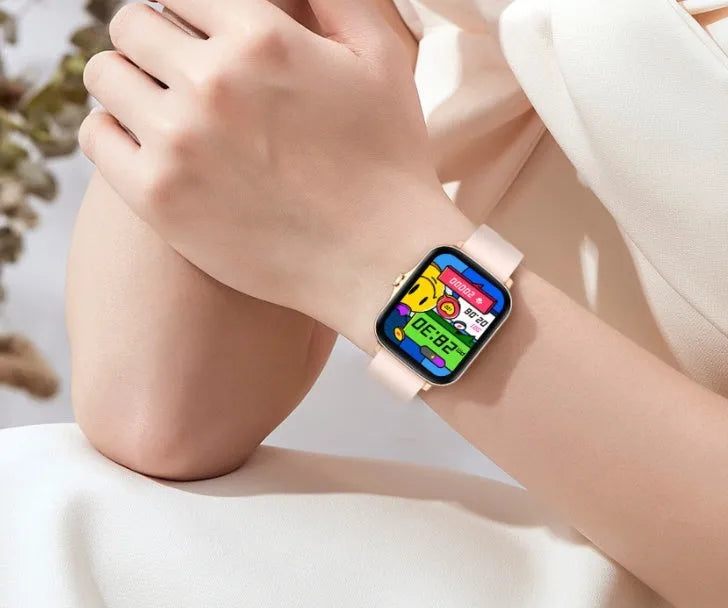 Black smart watch with 1.7-inch colour touch screen and silicone strap on a wrist.