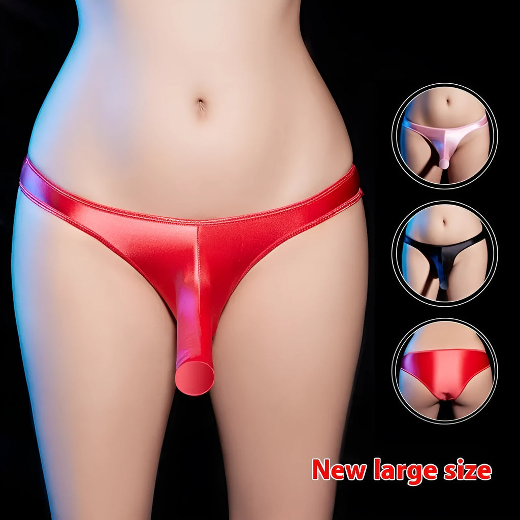 Men's shiny nylon low waist T-back underwear shown in black, displayed flat.