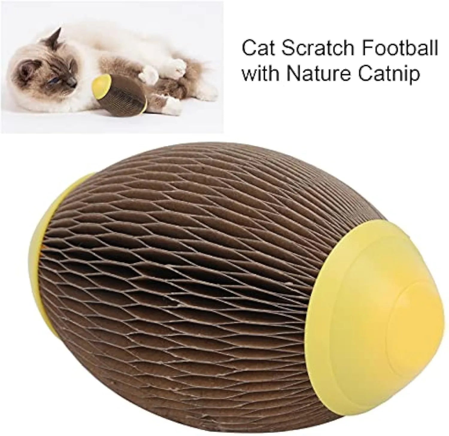 Ellipse-shaped corrugated paper catnip ball toy for scratching and chasing.