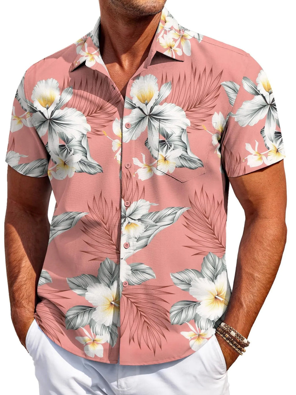 Man wearing a slim fit Hawaiian pattern short sleeve shirt in elastic polyester fabric.