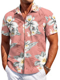 Man wearing a slim fit Hawaiian pattern short sleeve shirt in elastic polyester fabric.