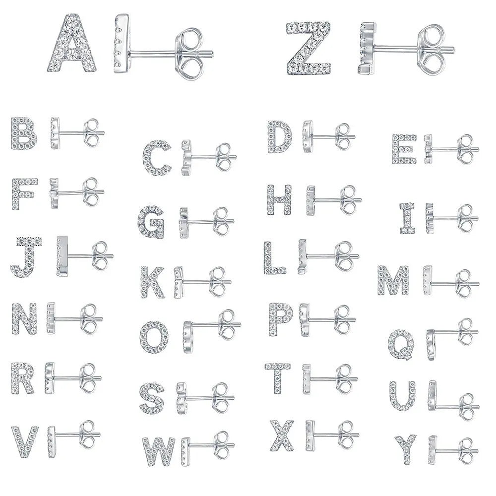 Brass gold plated alphabet letter earrings showing zircon detailing on copper base with 26 English letters available