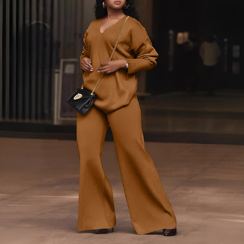 Women's brown thickened suede two-piece suit with long sleeves, shown as a complete co-ordinated set.