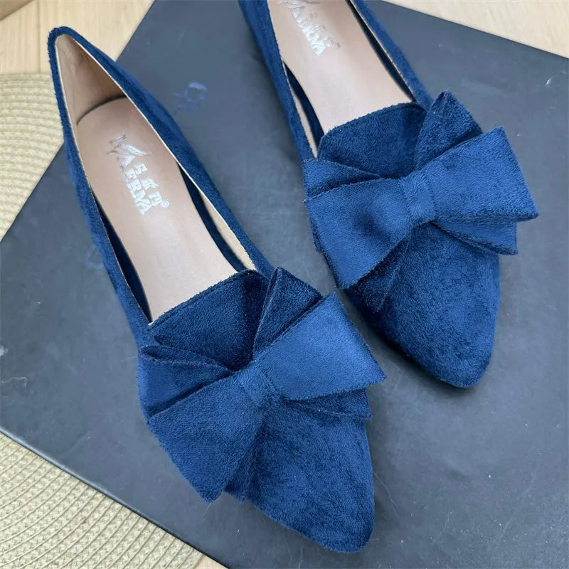 Women's solid colour bow pointed flat shoes with chunky heel and round toe in wine red colour