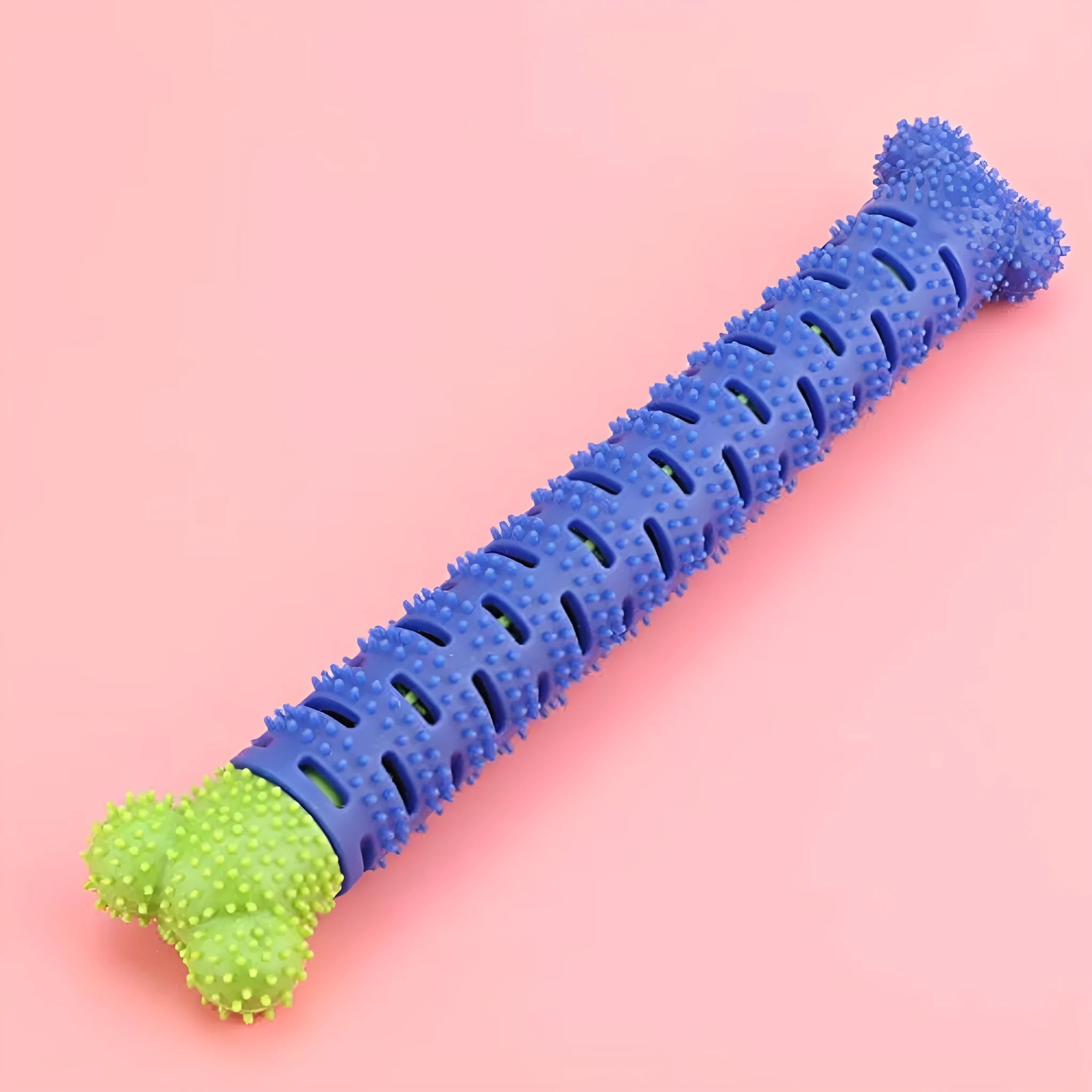 Blue green dog toothbrush chew toy with serrated cleaning head and gum massage nodules