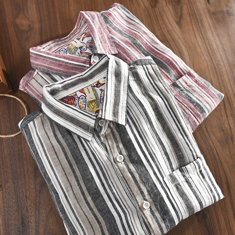 Men's striped linen casual shirt with long sleeves shown in loose fit grey and red colour options