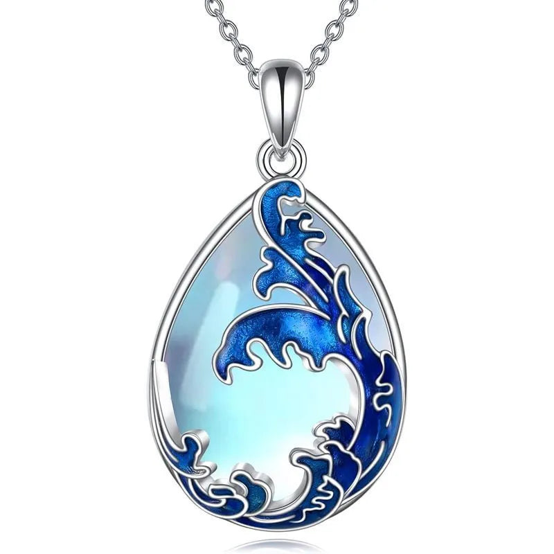 Moonstone blue alloy pendant necklace for women with love heart design on chain