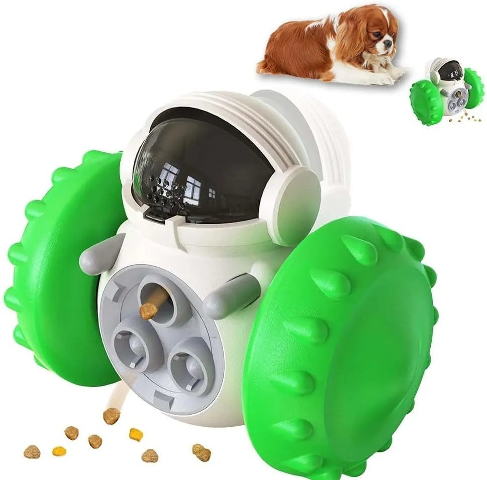Small dog treat dispenser toy with robot appearance in five colour options showing dimensions