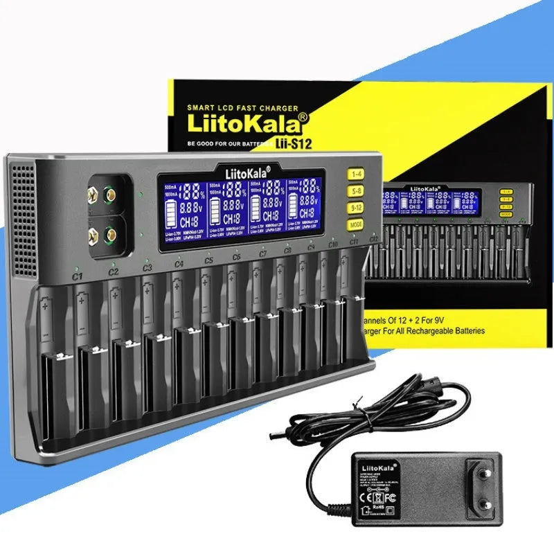 LiitoKala Lii-S12 12-slot LCD battery charger black with 12 batteries inserted on display