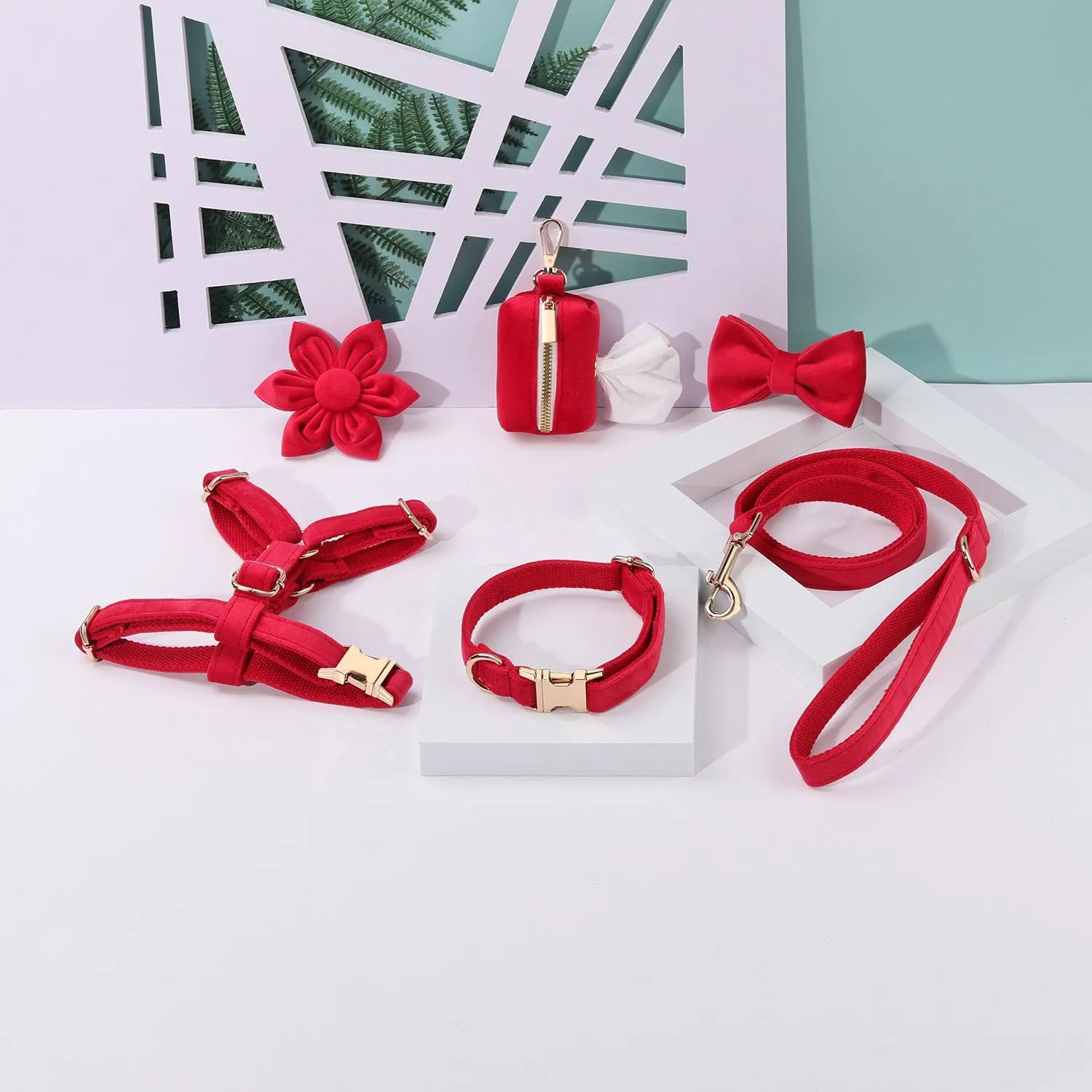 Classic velvet dog collar and matching lead set with chest strap, bow tie, and flower accessory in assorted colours.