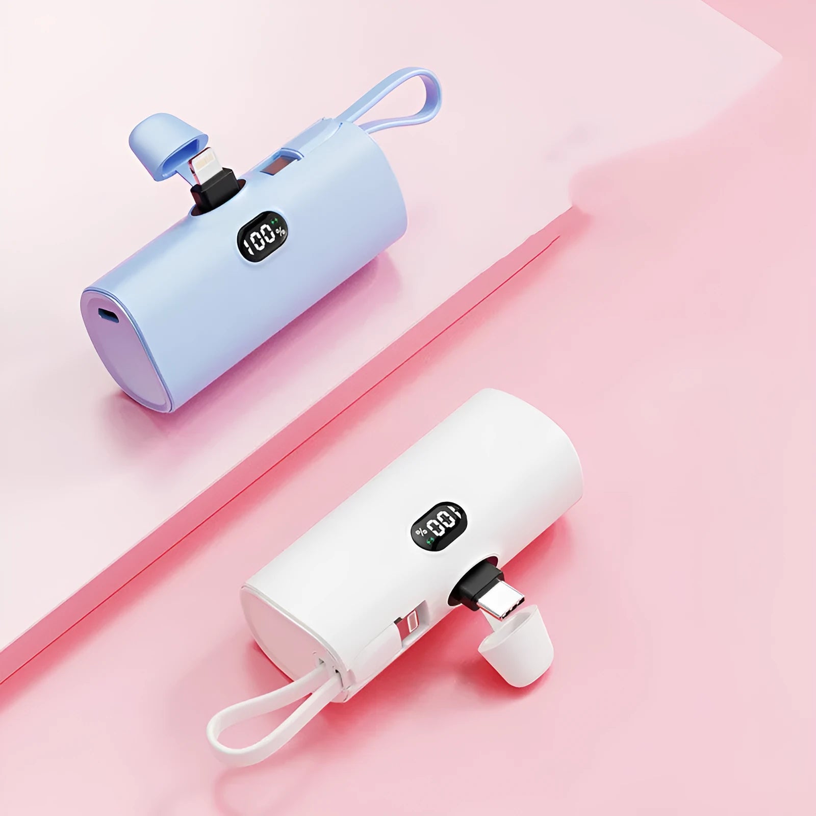 Wireless capsule power bank with digital display in five colour options showing compact dimensions