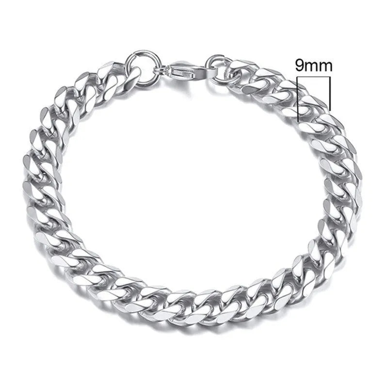 Gold six-sided Cuban link metal bracelet shown in various widths and colour options.