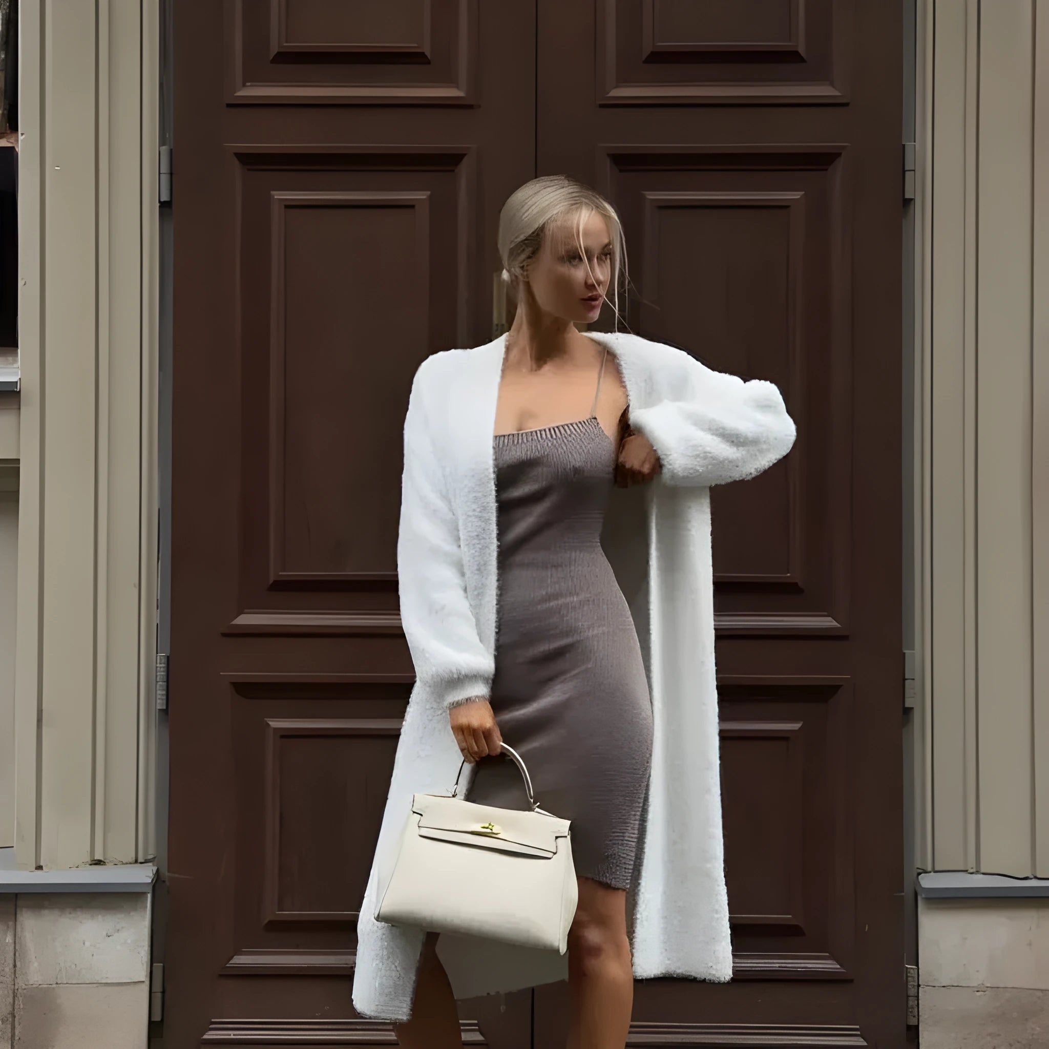 White women's longline cardigan sweater with loose fit and long sleeves.