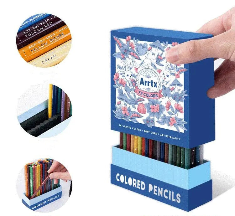Boxed set of 72 coloured art pencils with basswood casings for drawing and sketching.