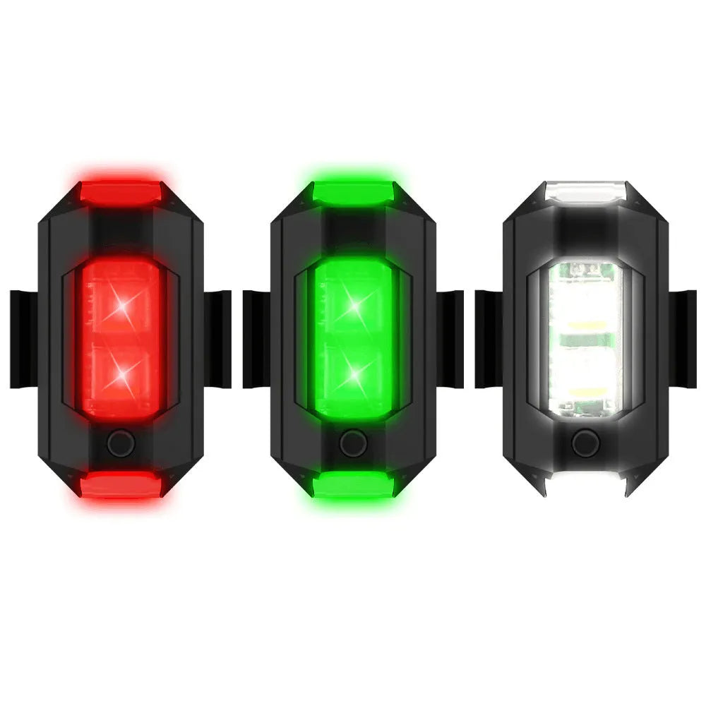 Drone signal light with RGB LED showing multiple colours, includes charging cable and mounting accessories
